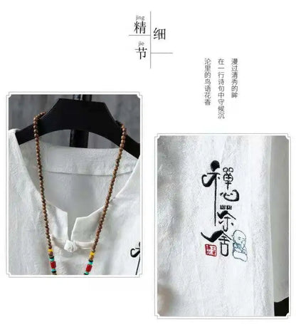 (Shirt + trousers)2025 summer Chinese Style men shirt Cotton and linen shirts men's High quality casual shirts Two Piece M-5XL