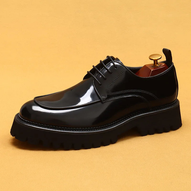 British Casual Leather Shoes Men's Dress Business Thick-soled Lace-up Shoes Bright Leather Patent Leather Men's Lace-up Shoes