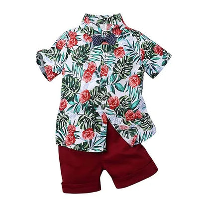 2026 Gentleman  Kids Boys Party Clothing Set Print Hawaii Style Short Sleeve Shirt +Short Pants Formal Suit Seaside Outfits 2Pcs
