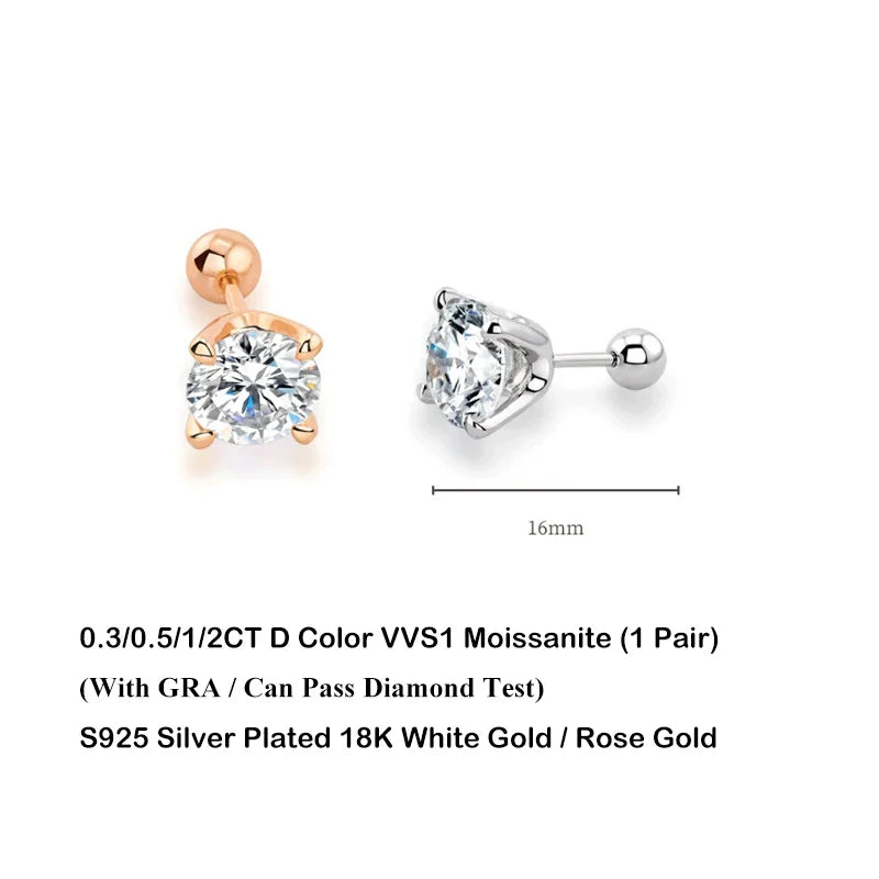 4 Prong GRA Certified 0.3-2CT D Color Moissanite Earrings for Women Men 925 Silver Plated 18K Gold Party Ear Studs Gift