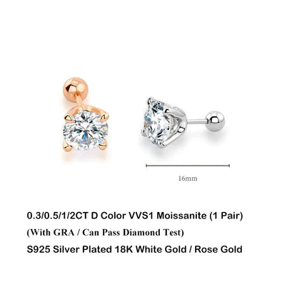 4 Prong GRA Certified 0.3-2CT D Color Moissanite Earrings for Women Men 925 Silver Plated 18K Gold Party Ear Studs Gift