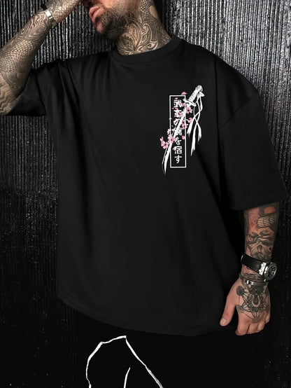 Japanese Samurai Sword Sakura Print 100% Cotton Men Women T-shirt Summer Autumn Daily Outdoor Sports Casual Street Short-sleeve