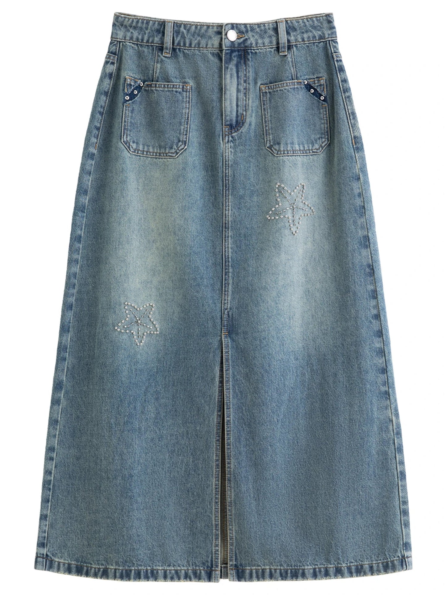 2026 Summer Women‘s Starfish Embroidered Denim Midi Skirt, Vintage A-Line Long Skirt Office Commute Versatile Daily Style