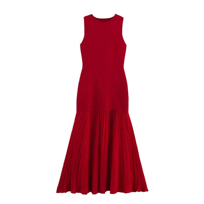 Spring Summer New Women's Dress Pleated Patchwork Simple Temperament Knitted Sleeveless Long Dresses for Women 2025