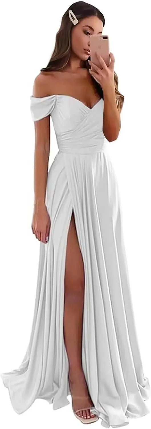 Women's Satin Prom Dresses Long Slit Formal Dresses Off Shoulder Evening Wedding Party Gowns Ruched Sweetheart Lace up Back