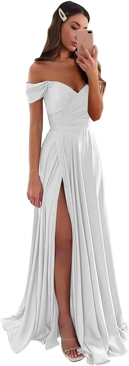 Women's Satin Prom Dresses Long Slit Formal Dresses Off Shoulder Evening Wedding Party Gowns Ruched Sweetheart Lace up Back