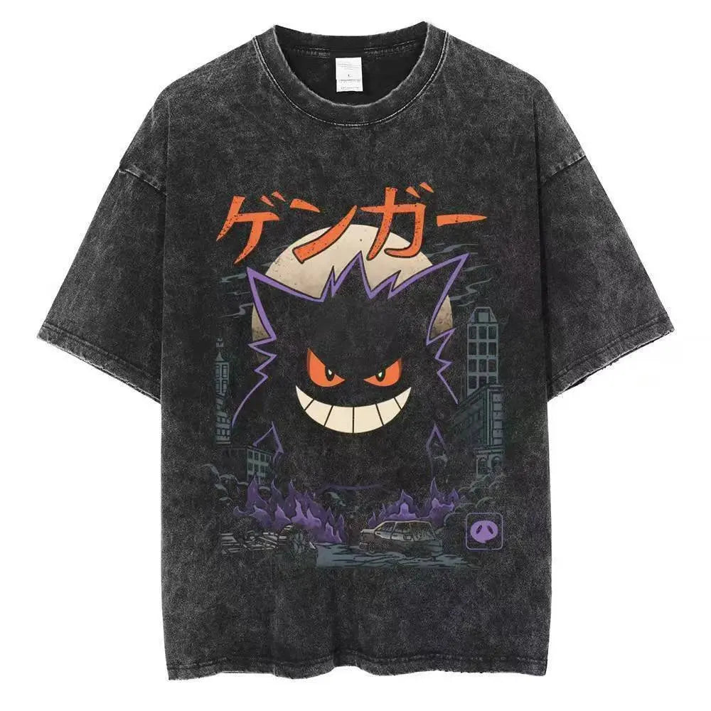 2026 Anime Washed Vintage Summer Gengar Short Sleeve Tee Graphic T-Shirt Man Women Cosplay Casual Tops Y2k Streetwear