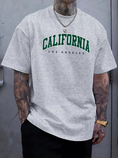 California Letter Printed Summer Men's Cotton Short Sleeve Casual Sports Tops Loose Large Comfortable Round Neck T-shirt