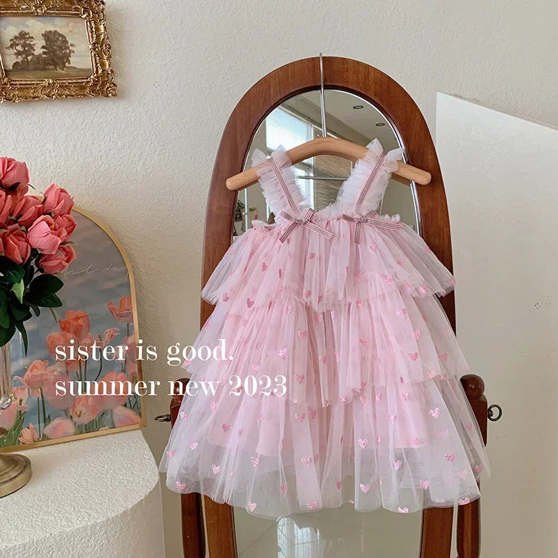 New Summer Baby Girls Party Dress Sleeveless Spaghetti Strap Love Heart Layered Princess Dresses for 3-7Year Old Kids E2310