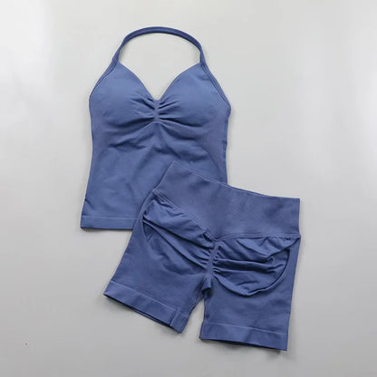 Yoga Longline Strappy Top Leggings Set Women's Backless Camisole Built-In bra Vest High-Waisted Hip Lift Gym Shorts Sports Set