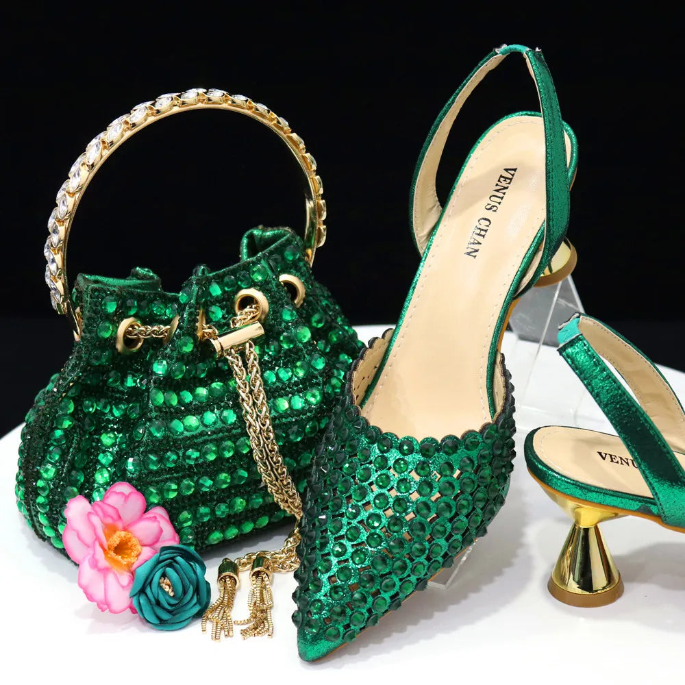 High Heels for Lady 2023 Luxury Designer Green Color Full Diamond Pointed Toe Wedding Shoe and Bag Set for Party