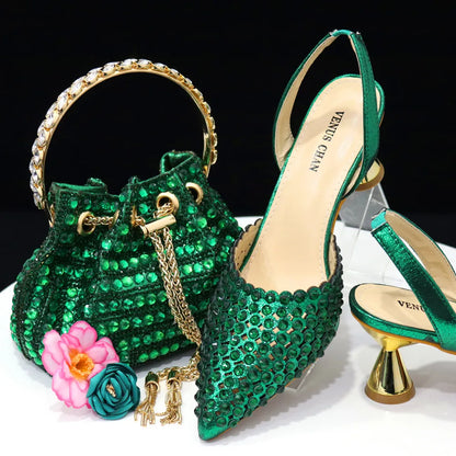 High-Heeled Pointed Toe Wedding Shoes Colorful Full Diamond Design Shoe and Bag Set for Nigeria Party