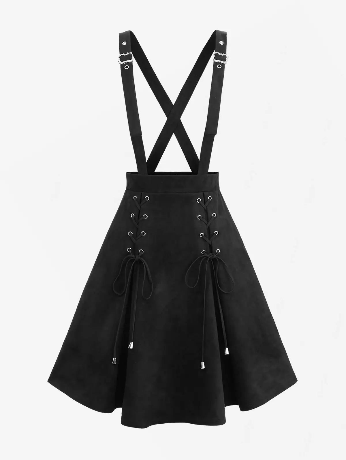 S-3XL Black Lace Up Crisscross Strappy Buckle Grommet Skirts Suspenders Detachable,  Women Casual Knee-Length Suspender Skirt
