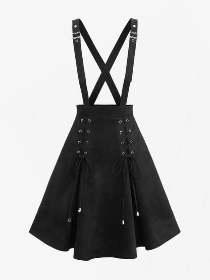 S-3XL Black Lace Up Crisscross Strappy Buckle Grommet Skirts Suspenders Detachable,  Women Casual Knee-Length Suspender Skirt