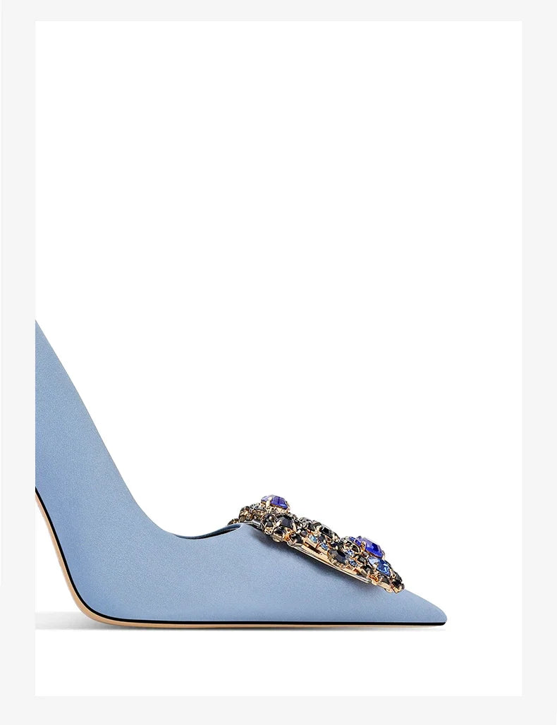 2026 Spring and Autumn New Women's Blue High Heels Pointed Thin Heel Rhinestone Square Buckle Dress Fashion Women's Shoes