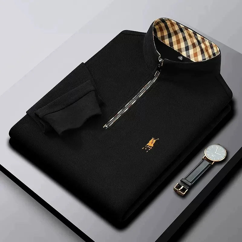 Luxury new Half Zipper Long Sleeve T-shirt 100% Cotton Brand Embroidered Stand Collar Men's Clothing Autumn Casual polo shirt