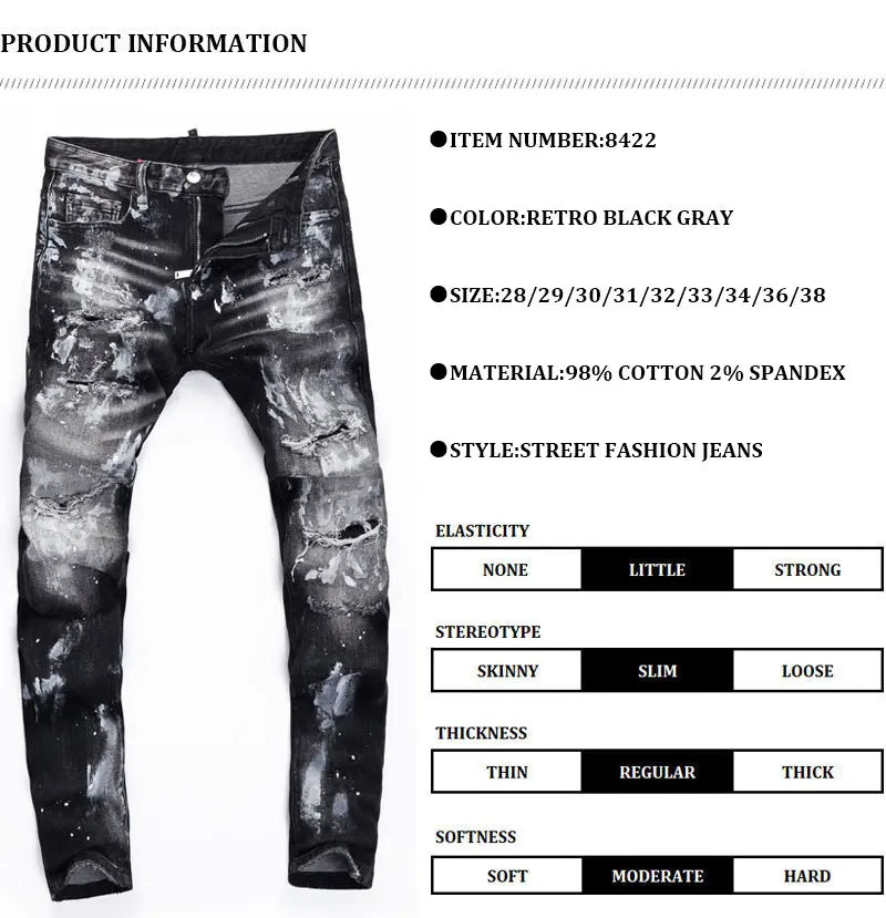 Street fashion men's black gray jeans, high-quality stretch slim fit painted corrugated jeans designer retro hip-hop brand pants
