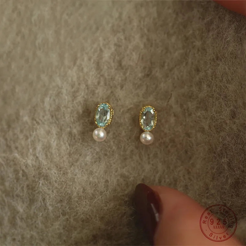 925 Sterling Silver Blue Zircon Pearl Stud Earrings for Women Korean Simple Temperament Jewelry Accessories