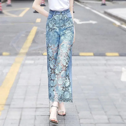 Lace High Waist Jeans Women  Hollow Out Floral Long Pants Slim Straight Trousers Y2k Streetwear Splice Mom Party Club