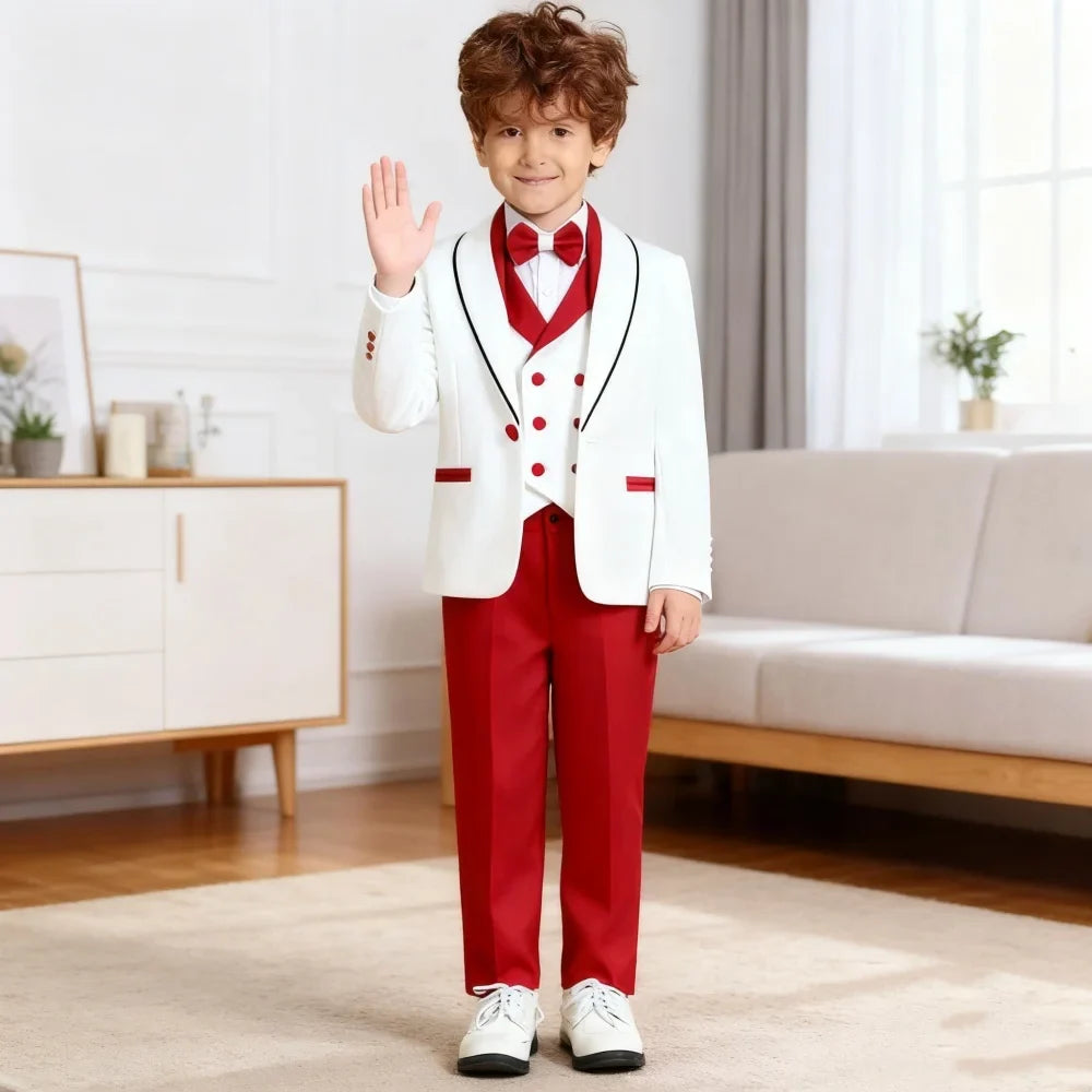 Stylish Occasion Wear Kids White Red Contrast Formal Multi Piece Suit Set Eye Catching Design Perfect For Festival Performance