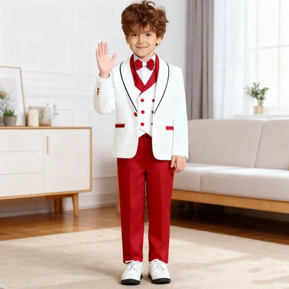 Stylish Occasion Wear Kids White Red Contrast Formal Multi Piece Suit Set Eye Catching Design Perfect For Festival Performance