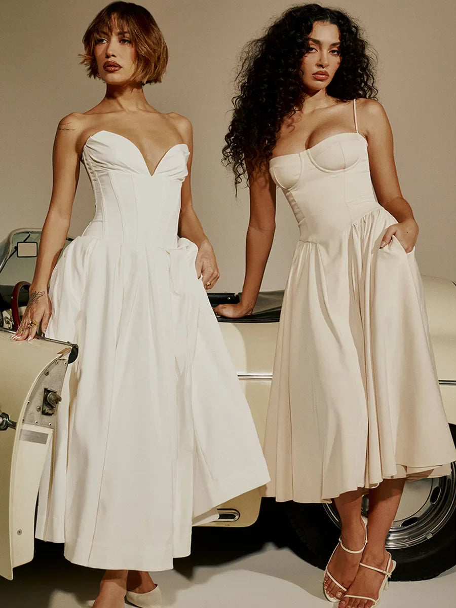 Women Elegant Sleeveless Backless Pleated Dresses Lady Sexy Solid Sling Midi Dress 2024 Female Party Evening A-line Robes