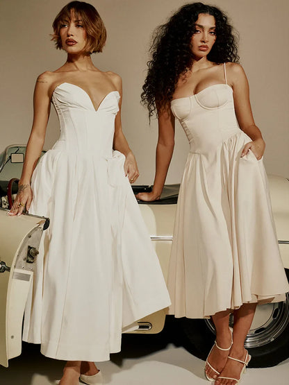 Women Elegant Sleeveless Backless Pleated Dresses Lady Sexy Solid Sling Midi Dress 2024 Female Party Evening A-line Robes