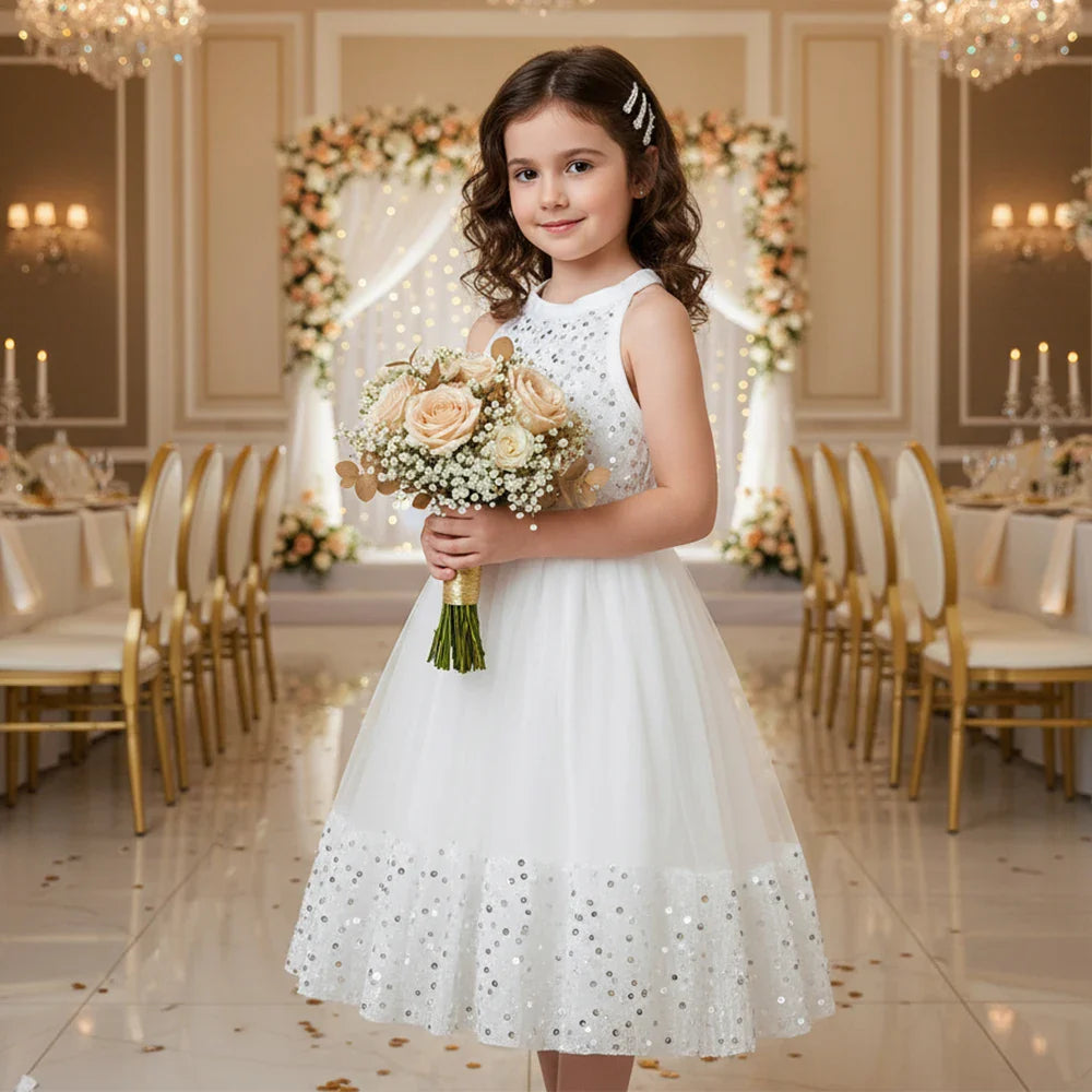 Girl Party Princess Dress Summer Sequin Tulle Dress Elegant Party Red/Pink/White Dresses 3-7Y for Wedding Birthday Holiday Gift