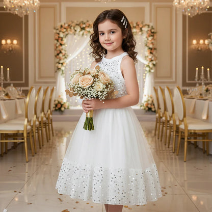 Girl Party Princess Dress Summer Sequin Tulle Dress Elegant Party Red/Pink/White Dresses 3-7Y for Wedding Birthday Holiday Gift