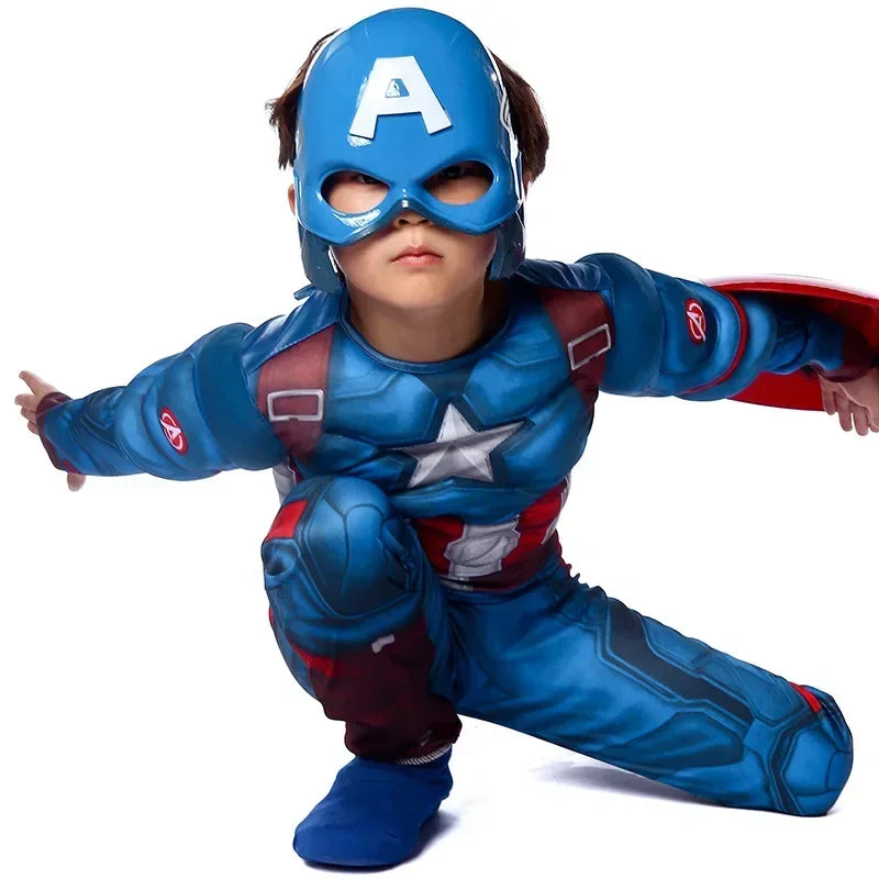 Halloween Purim Boys Captain Rogers Costume Blue Superhero Muscle America Jumpsuit Fantasia Fancy Dress Outfit