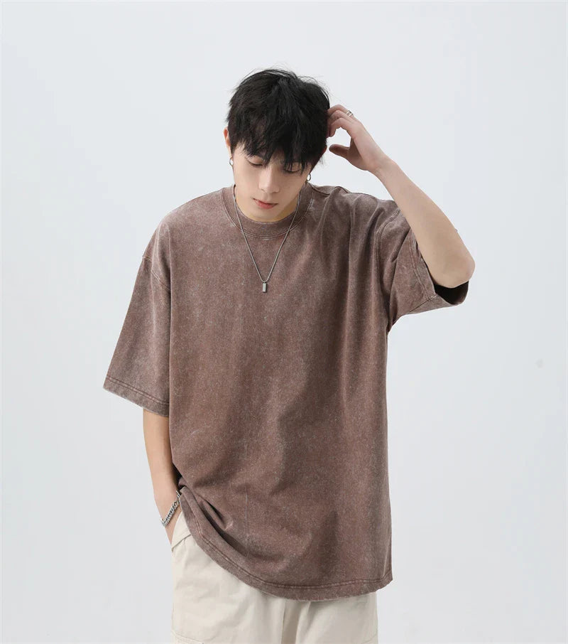 Japanese Korean Style Stir Fried Snowflake Washed T-Shirts Men Women Cotton Heavyweight Summer Hip Hop Streetwears Short Sleeved