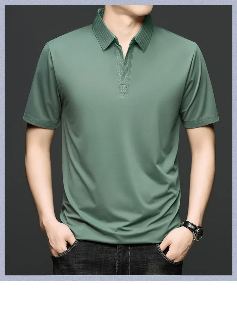 Fashion V-neck short sleeve T-shirt men's summer solid color silky smooth breathable personalized jacquard buttonless polo shirt