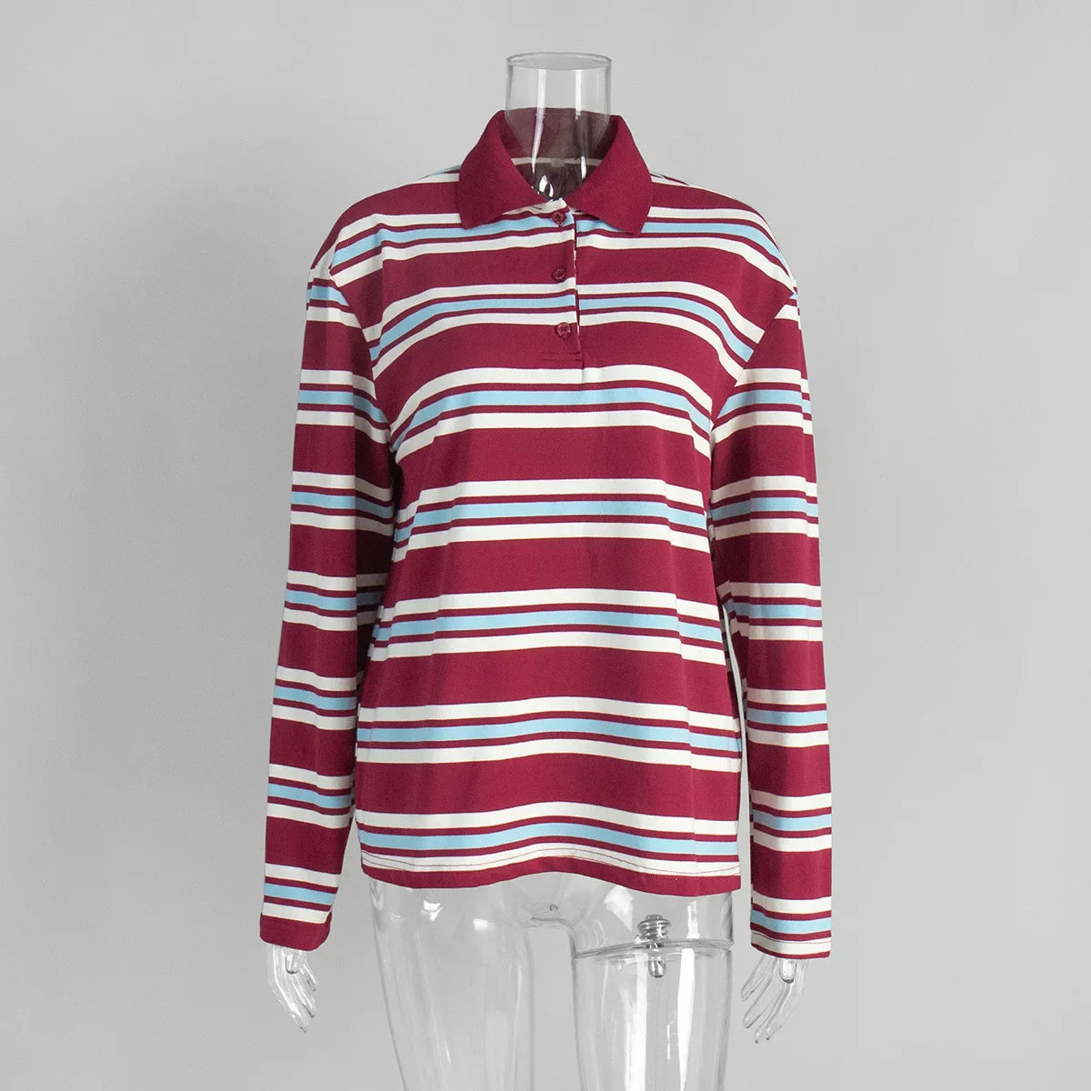 Autumn Casual Stripes Contrast Long-sleeved T-shirt Women Button Lapel Polo Shirt Tshirts New Streetwear Retro Chic Tops 2025