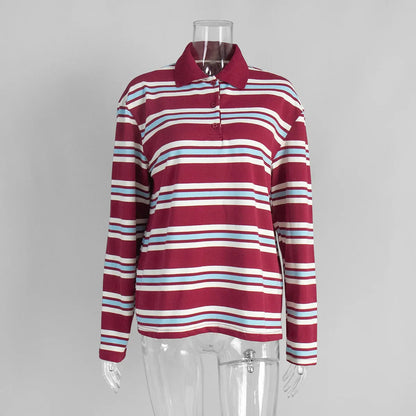 Autumn Casual Stripes Contrast Long-sleeved T-shirt Women Button Lapel Polo Shirt Tshirts New Streetwear Retro Chic Tops 2025