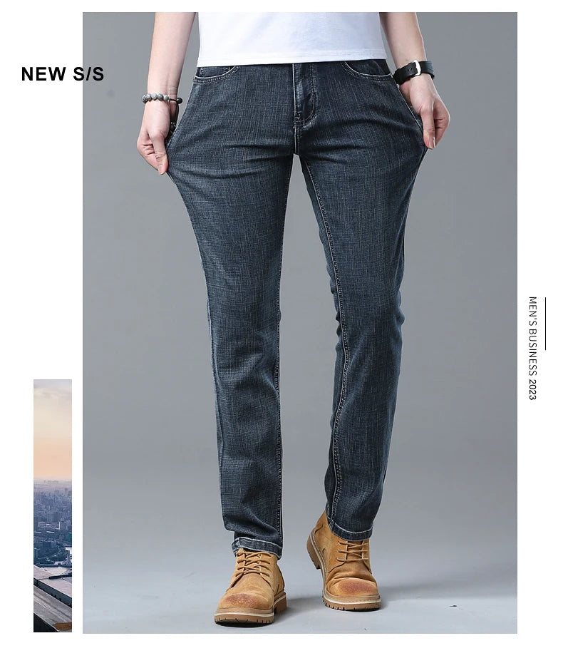 2026 Brand New Men  Straight Blue Gray Jeans Business Fashion Classic Style Cotton Stretch Denim Pants Male Brand Trousers