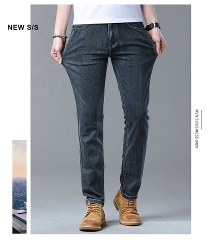2026 Brand New Men  Straight Blue Gray Jeans Business Fashion Classic Style Cotton Stretch Denim Pants Male Brand Trousers
