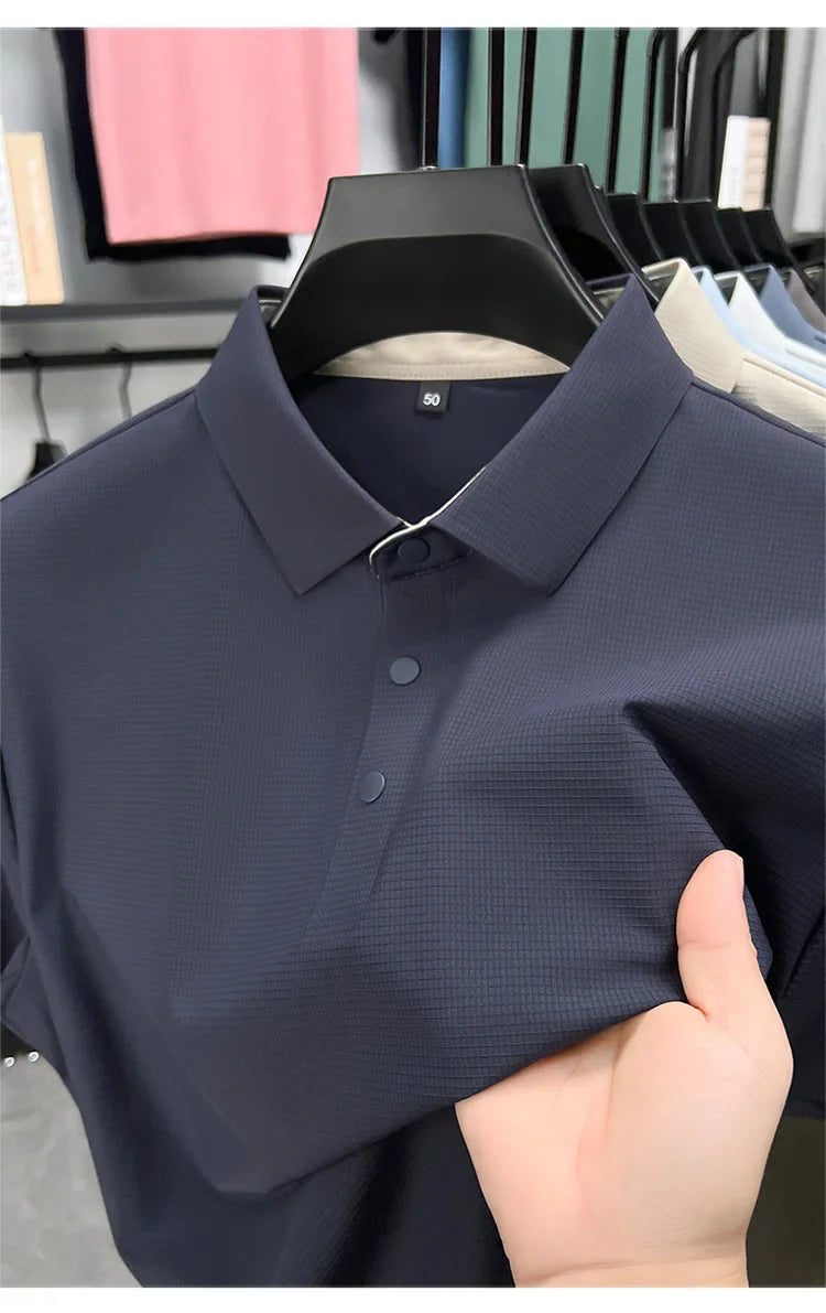 Summer Short Sleeve T-Shirt - Premium Jacquard Spandex, 7A Antibacterial, Seamless, Contrast Color, Split Hem, Wrinkle-Free Polo