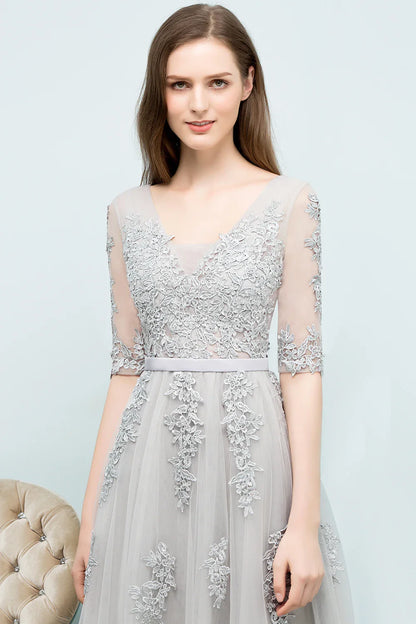 Elegant Half Sleeve Evening Dresses Lace Appliques A-Line Long Tulle Strap V-Neck Sheer Backless Prom Dress Empire Party Gowns