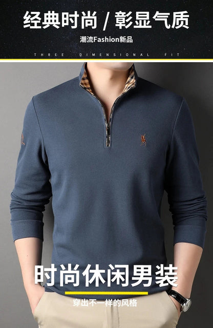 High end 100% cotton brand long sleeve T-shirt men's standing collar autumn fashionable embroidery Paul casual sports polo shirt
