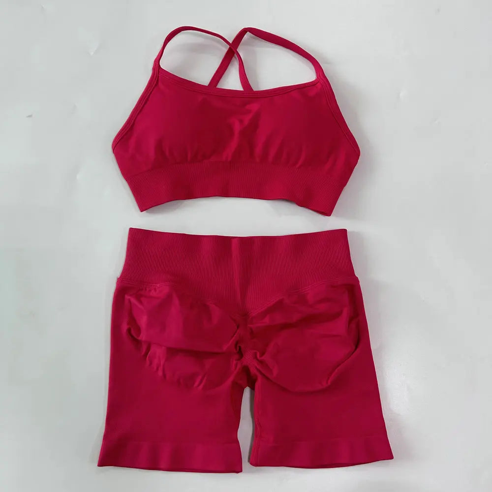No Logo Women 2 Pieces Yoga Set Cross Straps Bra Beautiful Back Tops High Waist Sport Short Scrunch Bum Workout Short Gym Suit