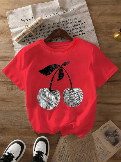 Silver Cherry Graphic Print T-Shirt Short Sleeve Crew Neck Casual Top for Summer & Spring Women' S Clothing