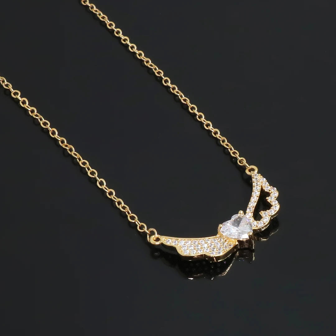 Delicate Women 24K Gold Plated Zircon Angel Wing Chain Pendant Necklace