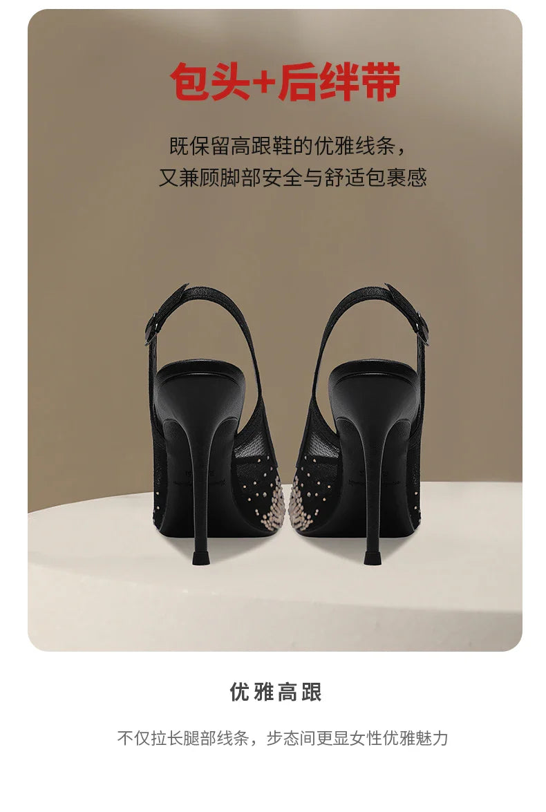 New summer black mesh rhinestone high heels for women, slim heels, shallow toe, sexy sandals with a single buckle strap