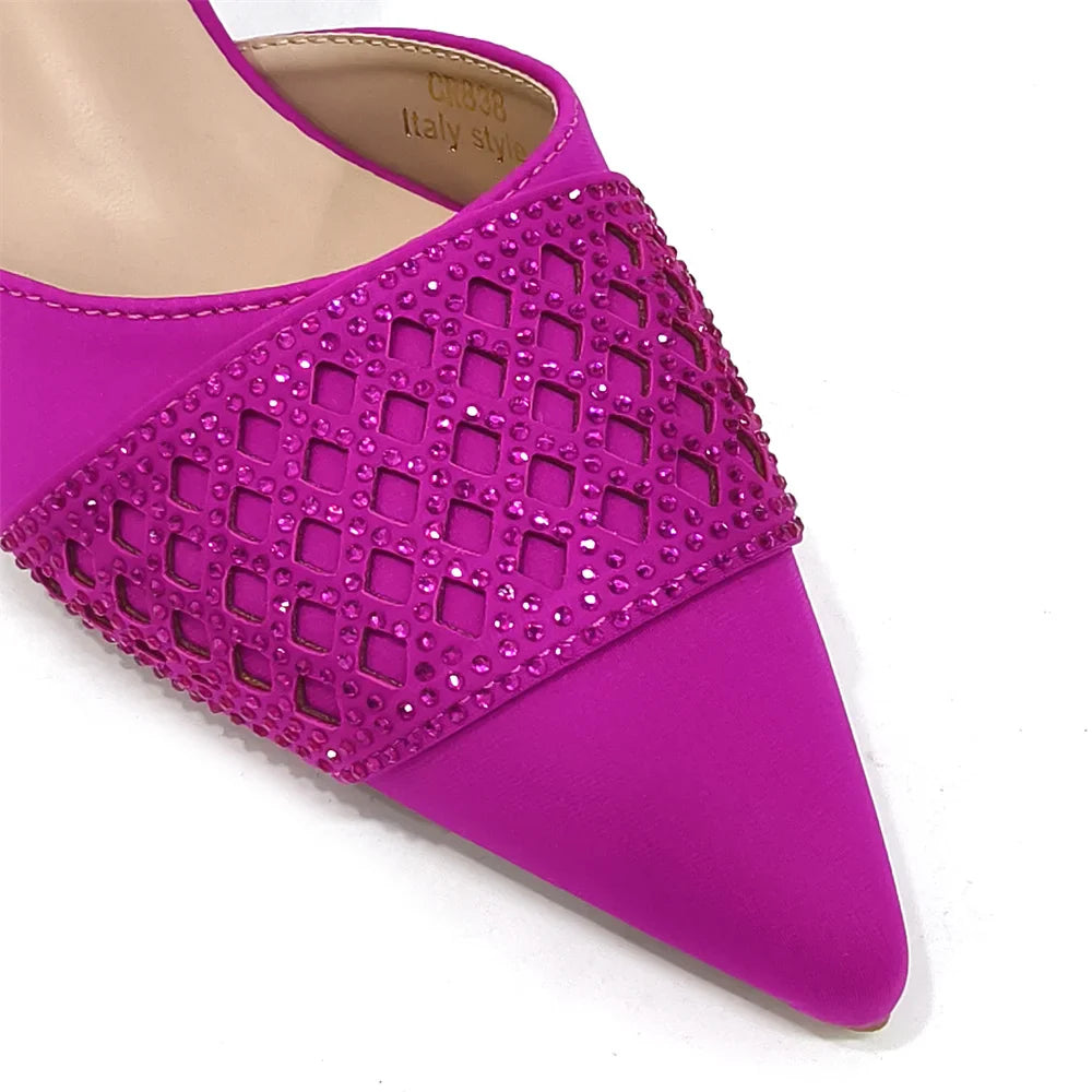 Elegant Nigerian Women’s Wine Colour Heeled Shoes and Rhinestone Handbag Set – Italian Design for Parties and Weddings