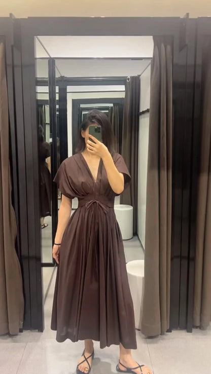 Summer 2025  women's elegant party dress Vintage V-neck fashion pleated lace-up MIDI poplin dress
