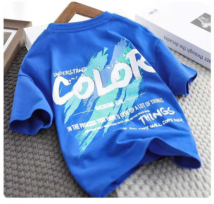 Children's set 2026 new Korean version boys' summer printed letter round neck short sleeved shorts two-piece set 4-12Y