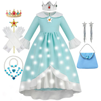 Rosalina Galaxy Princess Dress with Glowing Light Girls Game Role Play Princess Costume Halloween Rosalina Kids LED Light 10T