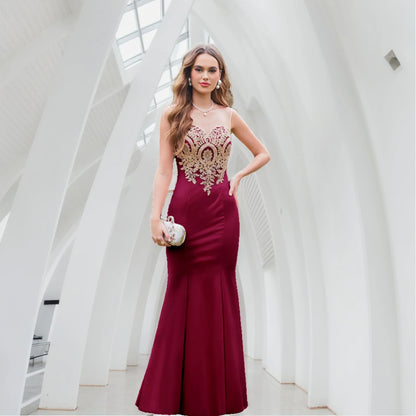 Burgundy Evening Dress Illusion O-Neck Sequins Appliques Sleeveless Mermaid Prom Dress Slim Empire Party Trumpet Gown
