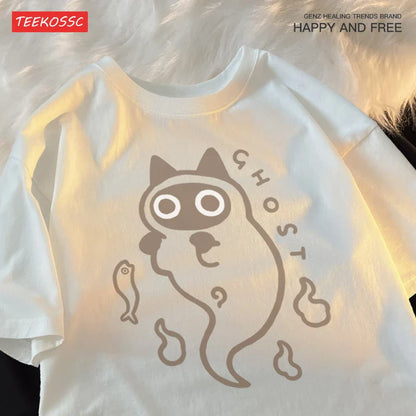 Ghost Cat Loose Short Sleeved T-shirt For Men Women Original Japanese Fashion Brand Couple Pure Cotton Cat Transparent Ghost Cat