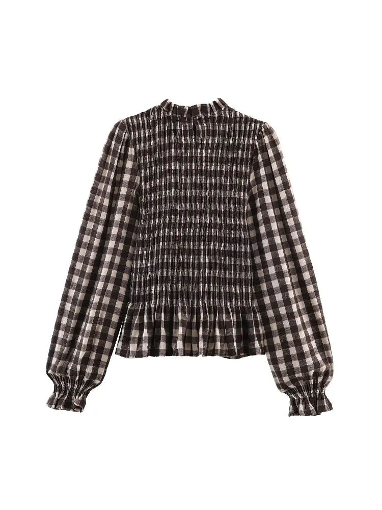 2025 Vintage Chic Brown Plaid Shirts Women Long Sleeve Blouses Fold Fashion Casual Elegant Women Tops Y2k